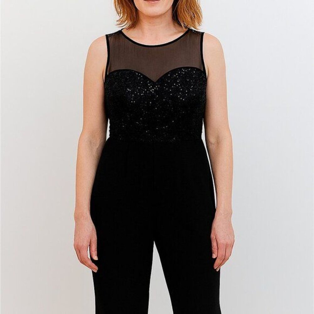 Alexa B Black Sequin Mesh Jumpsuit | Size 14W Formal Evening One‑Piece